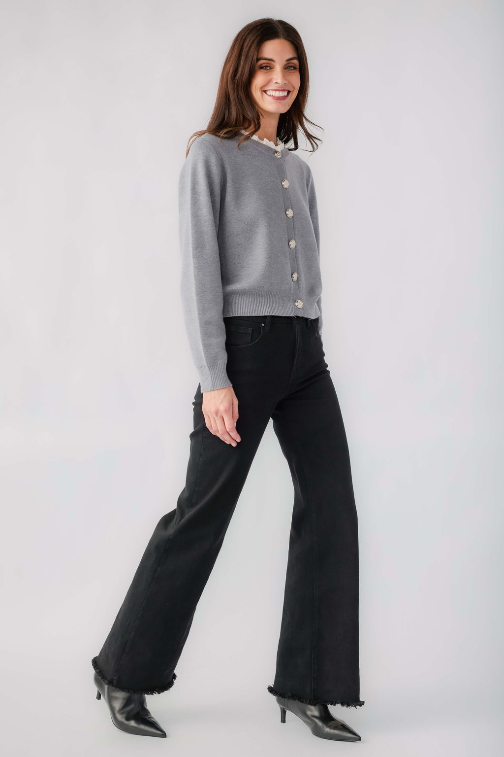 Heather grey ruffled button-down cardigan with long sleeves and button front