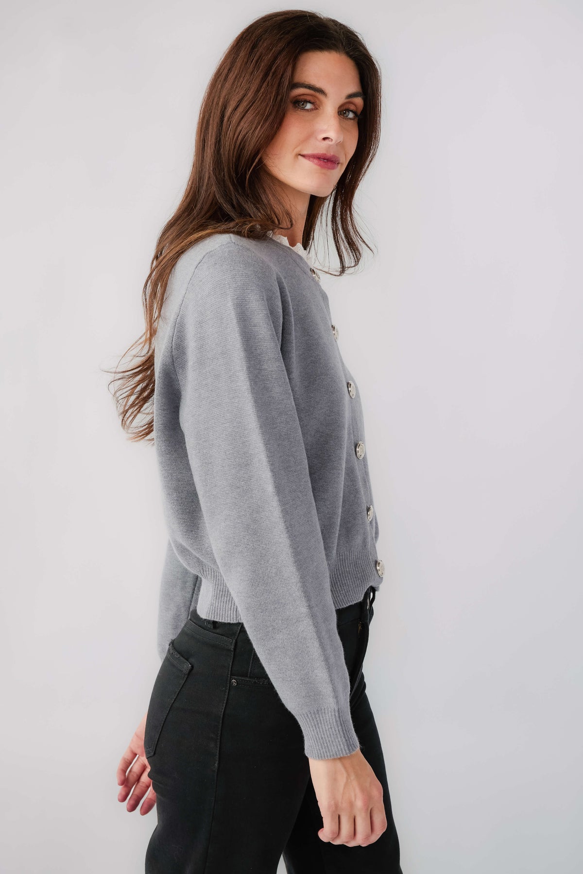 Heather grey button-down cardigan, long sleeves, front buttons visible from side
