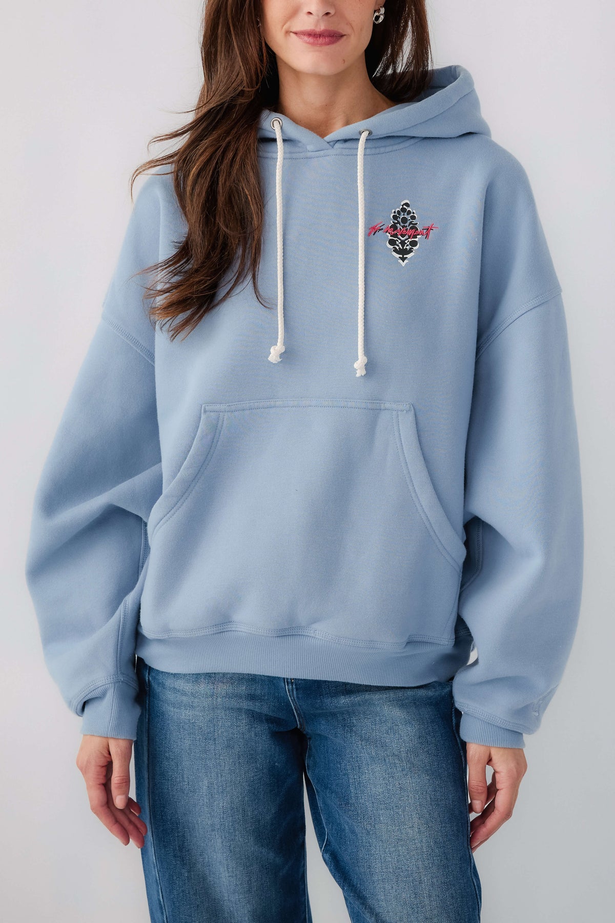 Light blue pullover hoodie with embroidered chest logo, drawstring hood and pocket