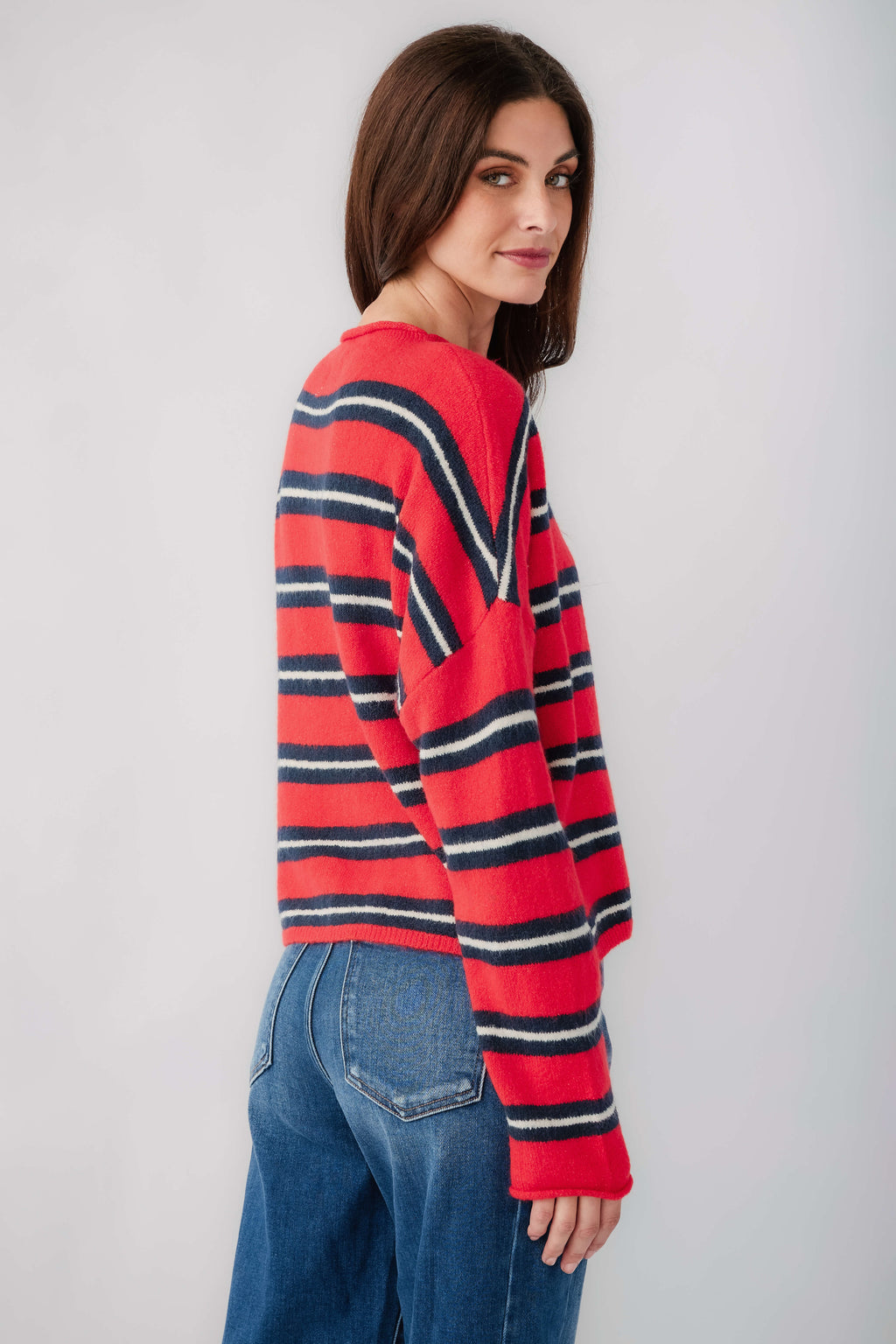 Women’s striped piper cardigan with long sleeves, button front, and red-and-dark bands