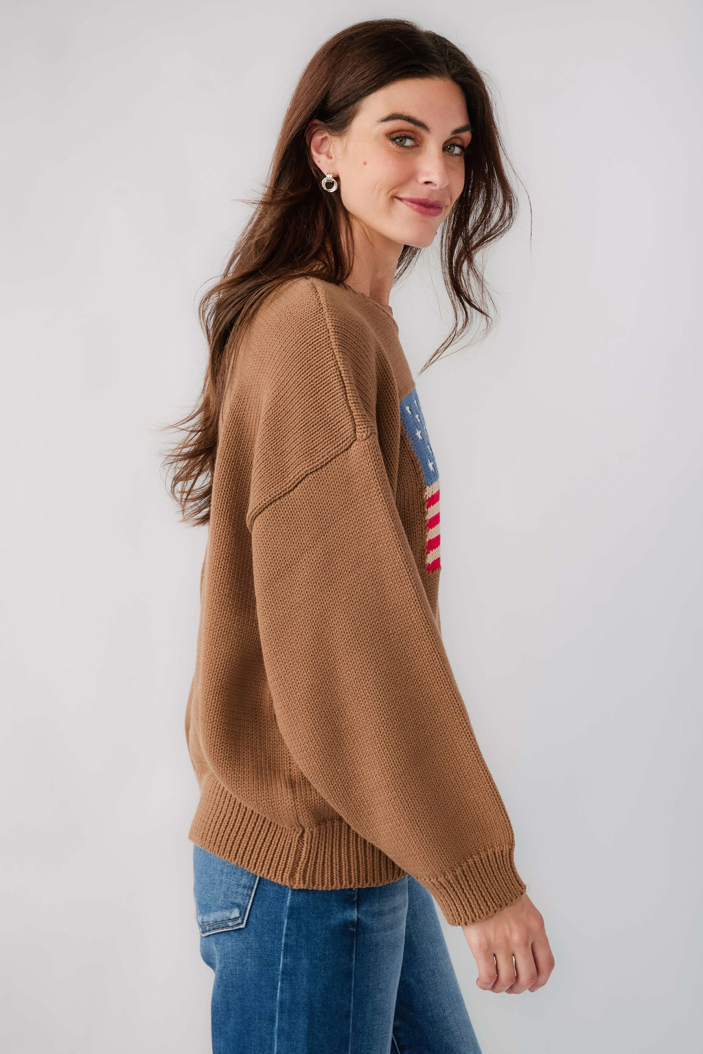 Olive brown crewneck sweater with American flag graphic on the chest, side view