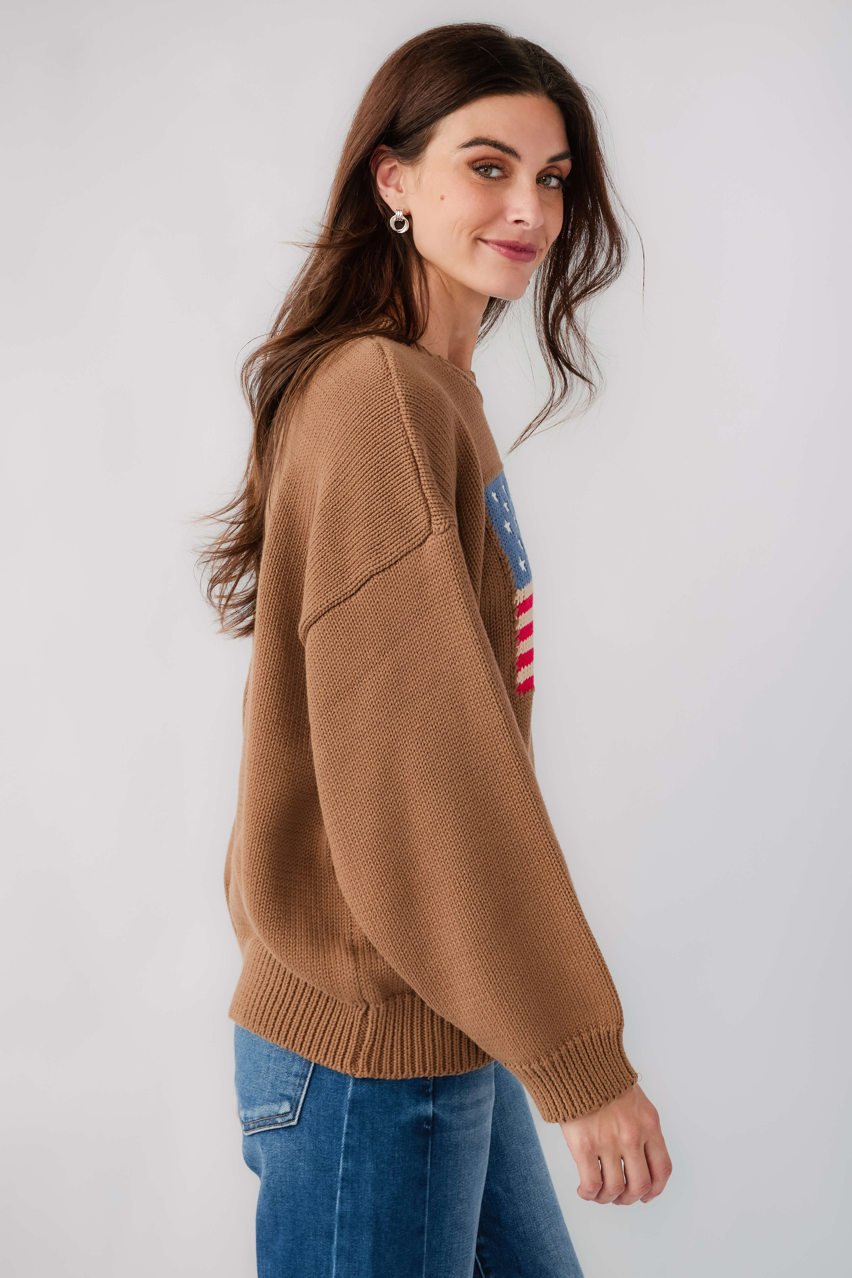 Olive brown crewneck sweater with American flag graphic on the chest, side view