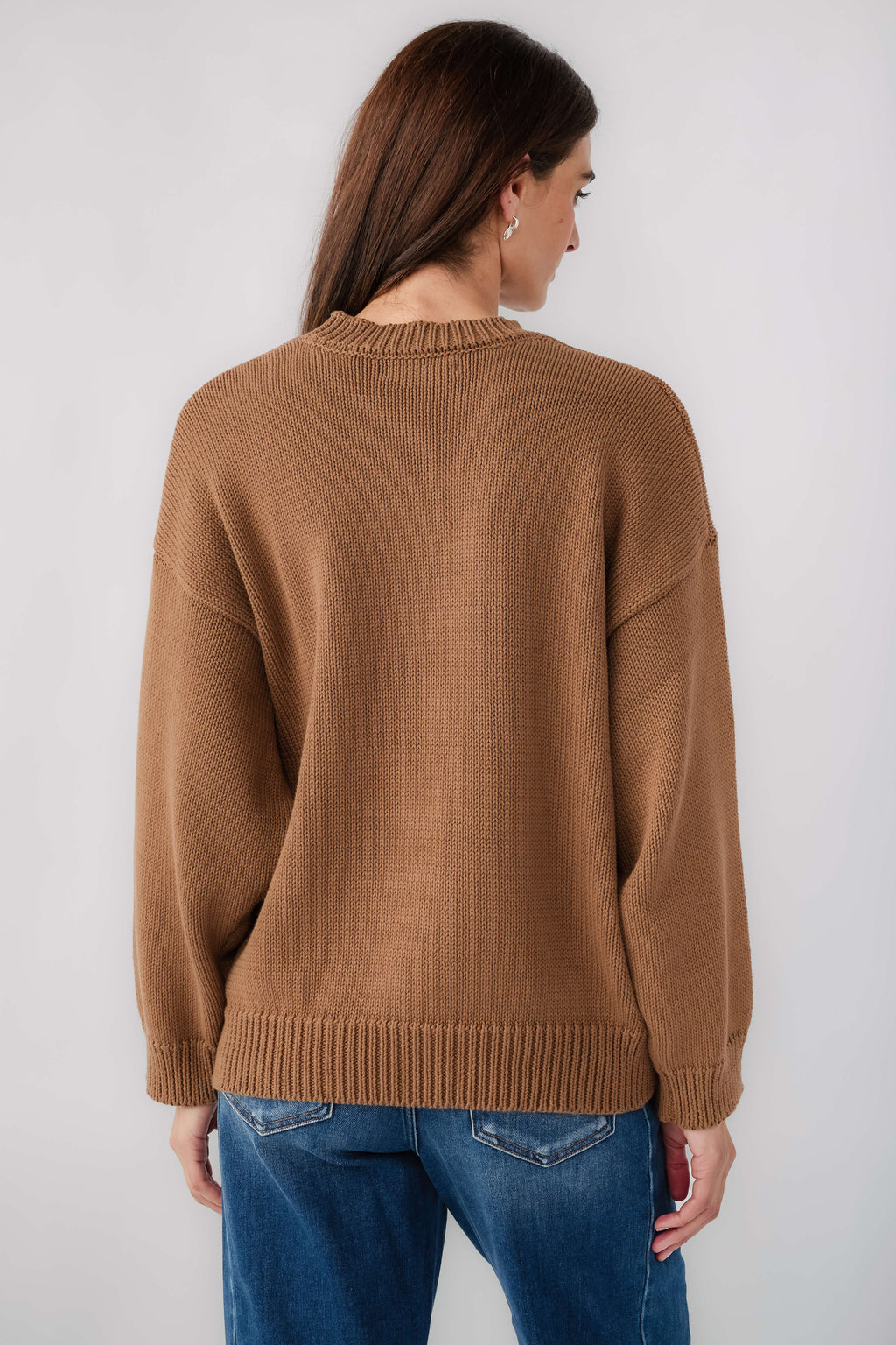 Olive brown crewneck sweater back view with ribbed hem and long sleeves