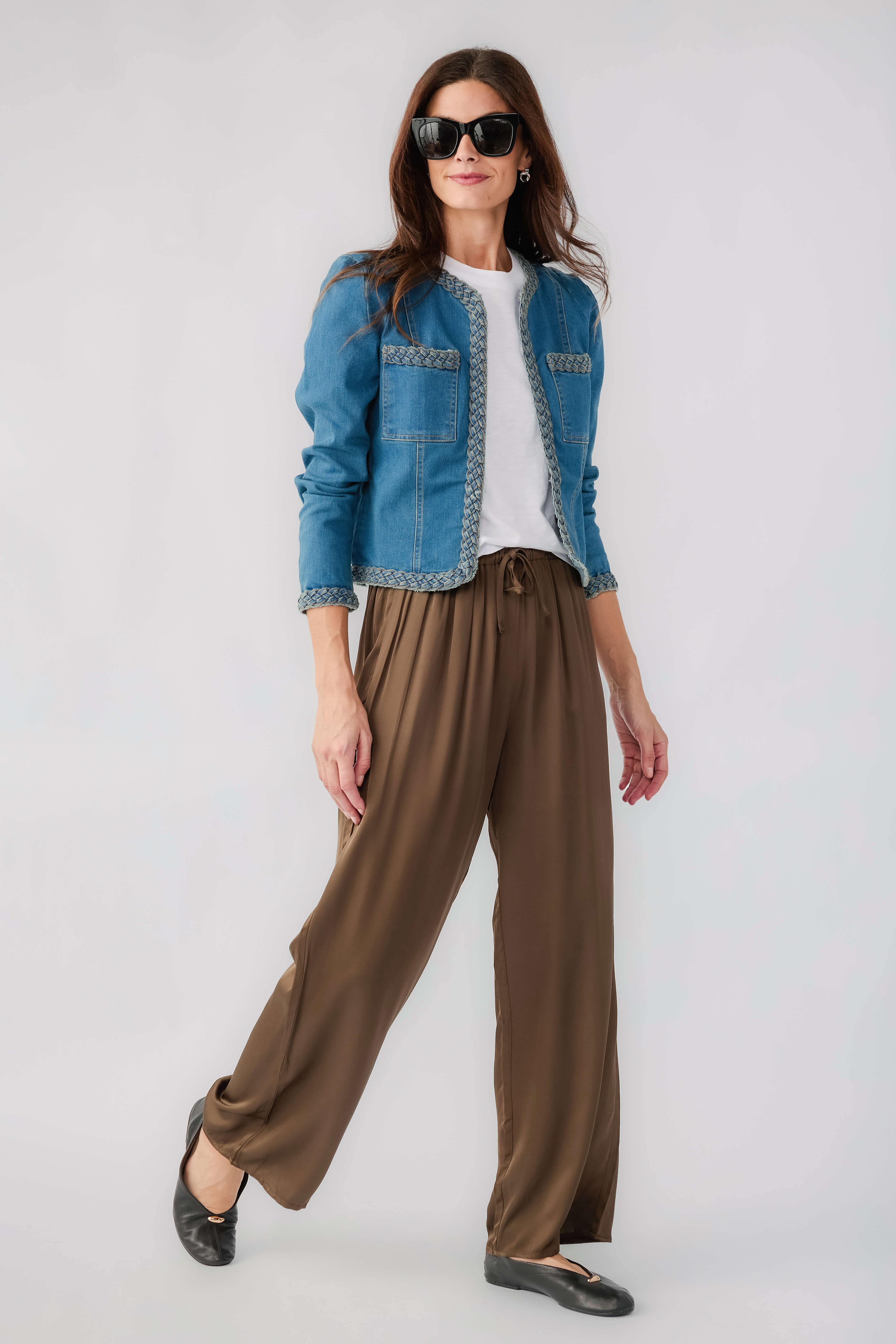 Olive satin wide-leg pants with elastic drawstring waist and loose drape