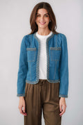 Medium wash denim jacket with braided trim, flapped pockets, and cropped hem