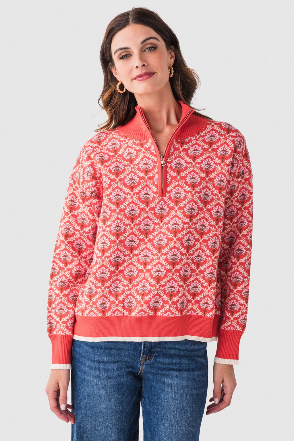 &Merci Floral Half Zip Pullover Sweater