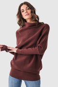 Chocolate brown slouch-neck dolman pullover sweater with relaxed drape