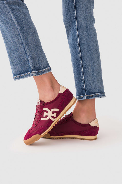 Sam Edelman low-top lace-up sneakers in French Merlot with white logo and gum sole