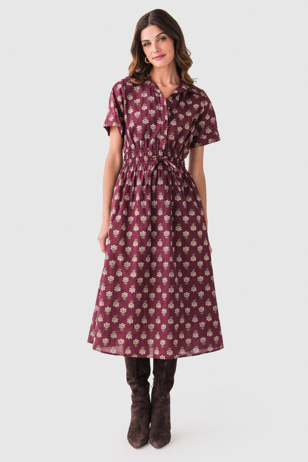 THML Block Print Collared Tie Waist Midi Dress