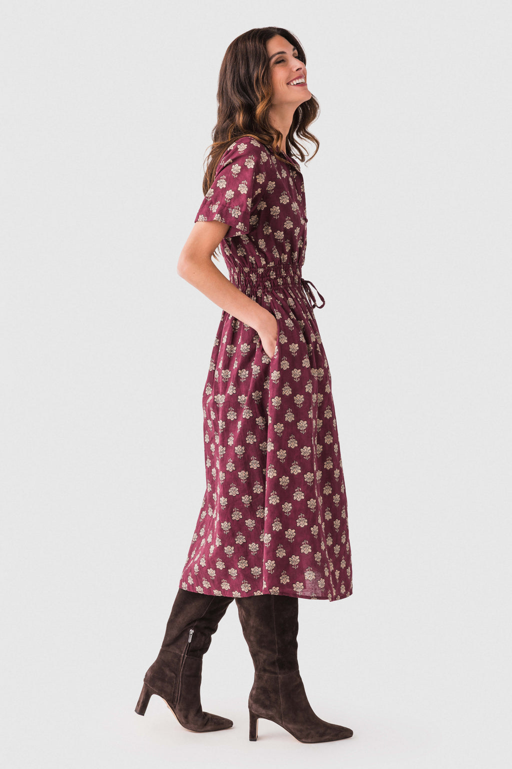 THML Block Print Collared Tie Waist Midi Dress