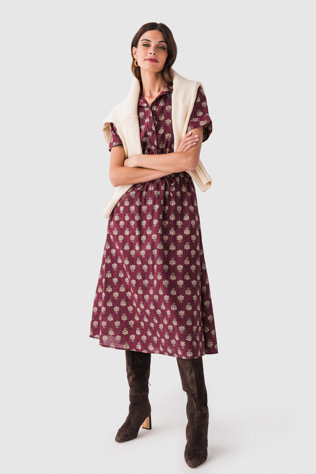 THML Block Print Collared Tie Waist Midi Dress