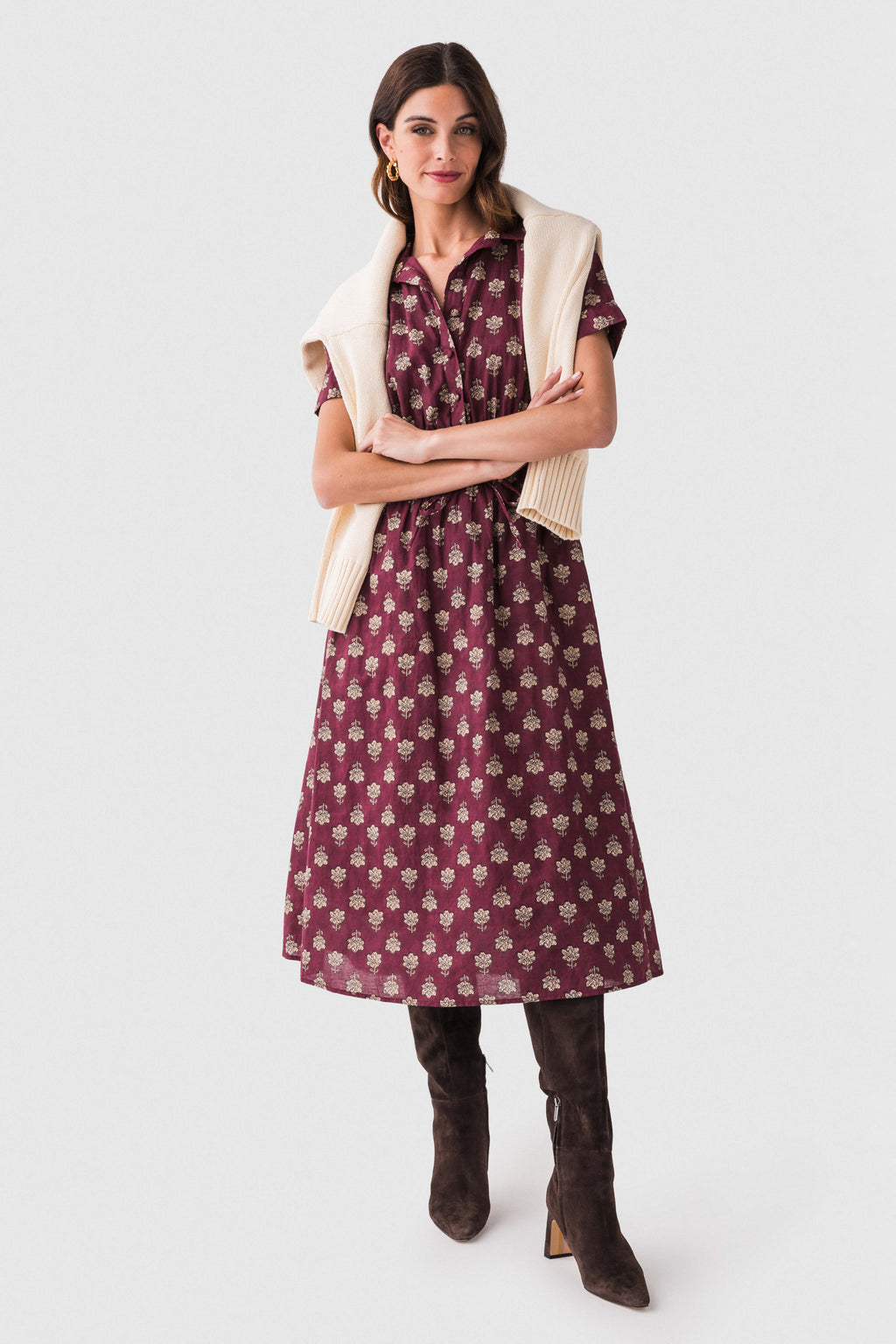 THML Block Print Collared Tie Waist Midi Dress