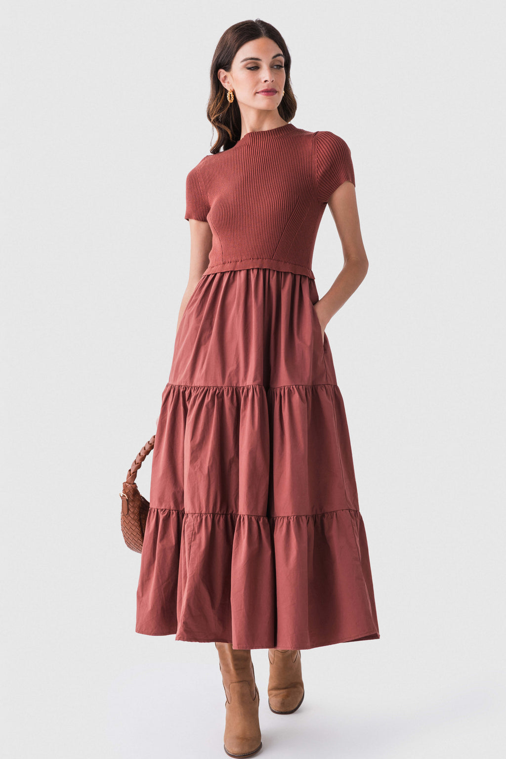 Cammelia Mock Neck Knit Tiered Midi Dress