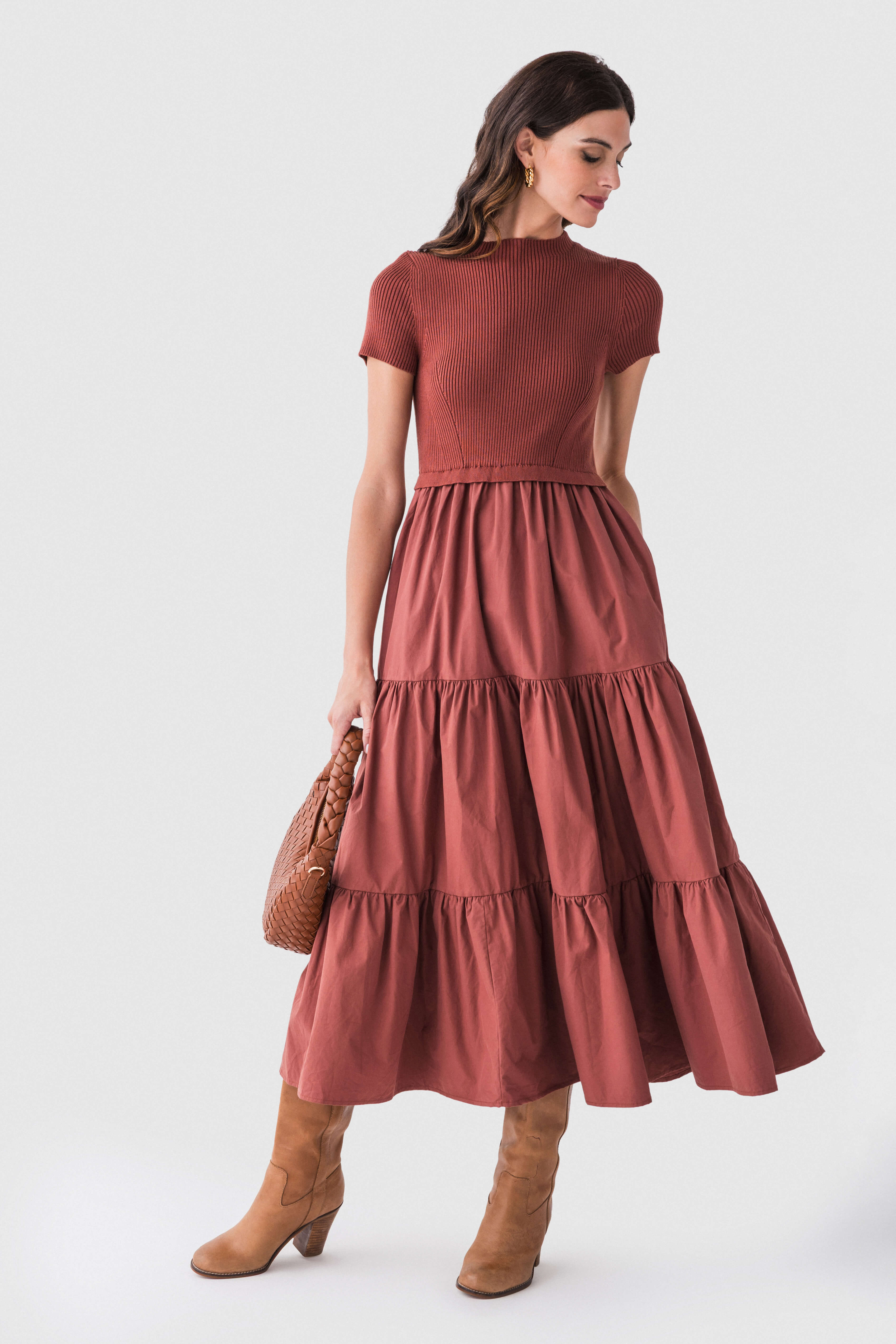 red mock neck dress Cammelia Mock Neck Knit Tiered Midi Dress Rust / Large