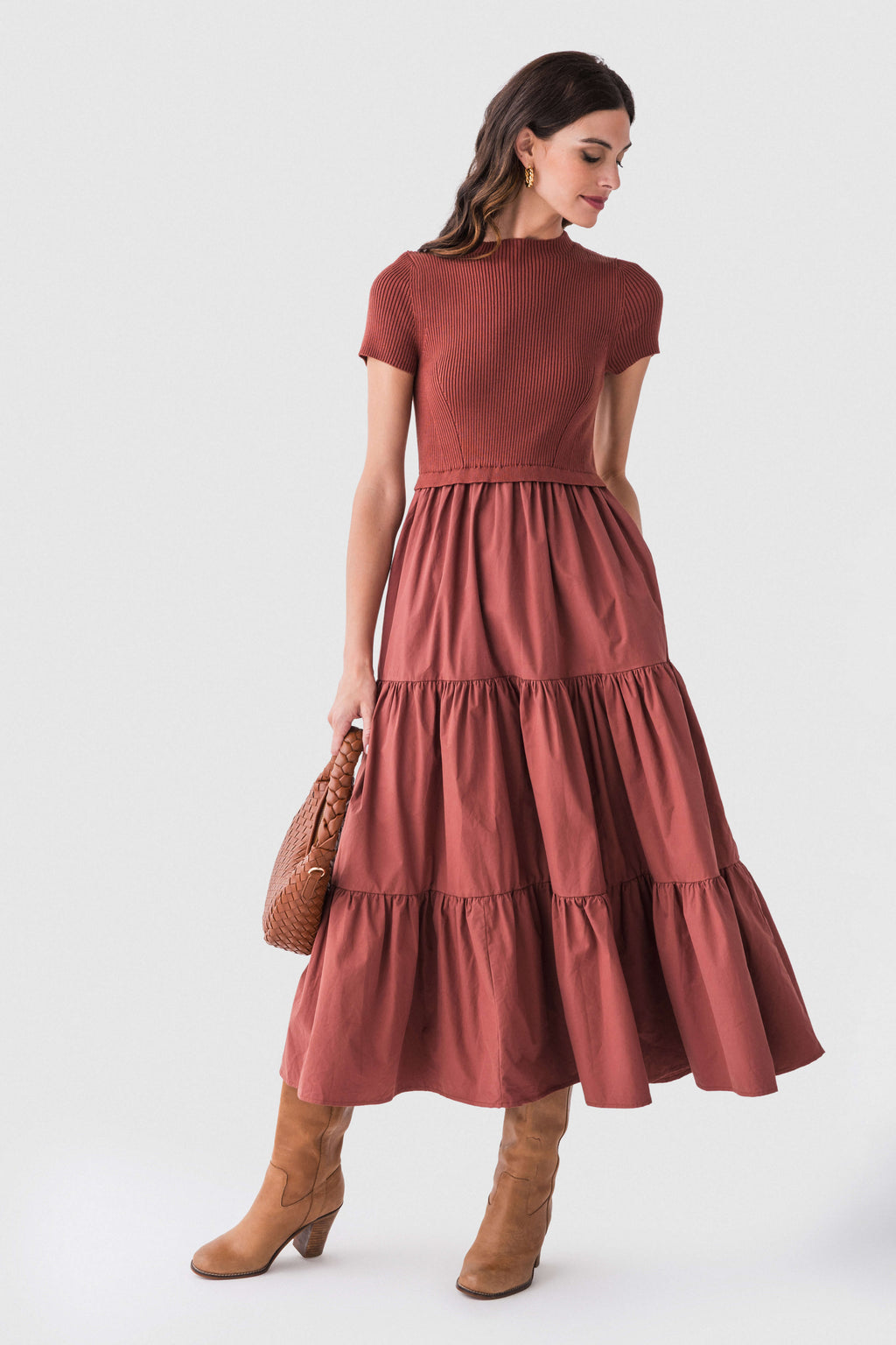 Cammelia Mock Neck Knit Tiered Midi Dress