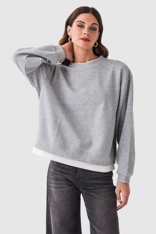 Heather gray crewneck pullover sweater, long sleeves and ribbed hem