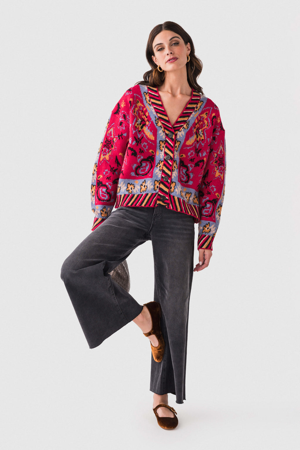 &Merci Printed Contrast Trim Cardigan