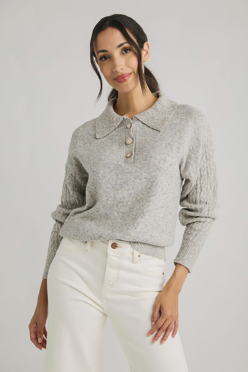 THML Polo Rhinestone/Pearl Button Pullover Sweater