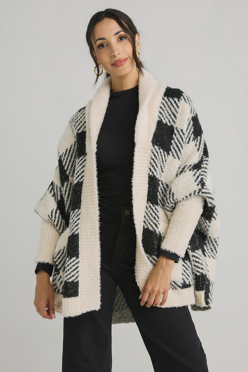 Look By M Checkered Teddy Cape Cardigan