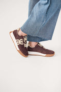 Brown suede-and-nylon lace-up sneakers with white logo details and gum sole