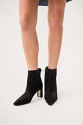 Black suede ankle boots, chunky heel and side zipper