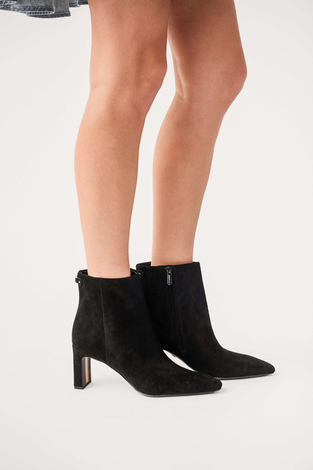 Black suede ankle boots with square toe and side zipper
