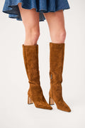 Nutmeg suede knee-high boots with stiletto heel and rounded toe