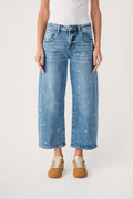 Light blue cropped barrel jeans with embroidered speckle pattern and belt loops