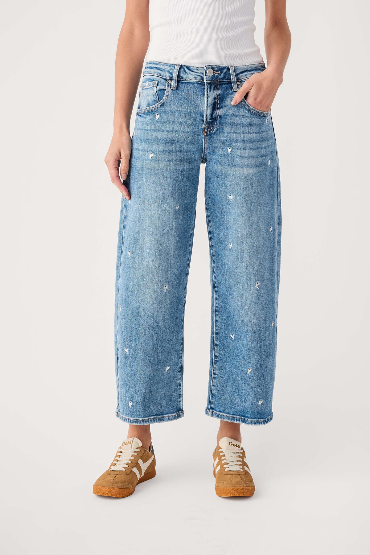 Light blue cropped barrel jeans, front view, embroidered speckle detailing