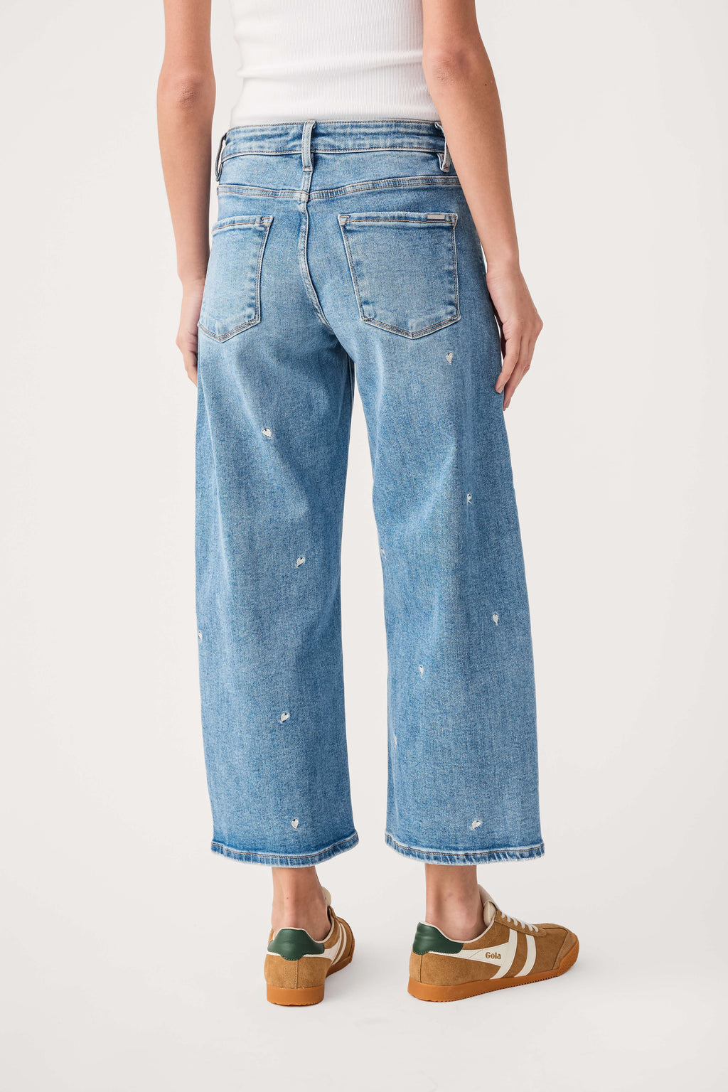 Light blue cropped barrel jeans, back view, embroidered speckle detail