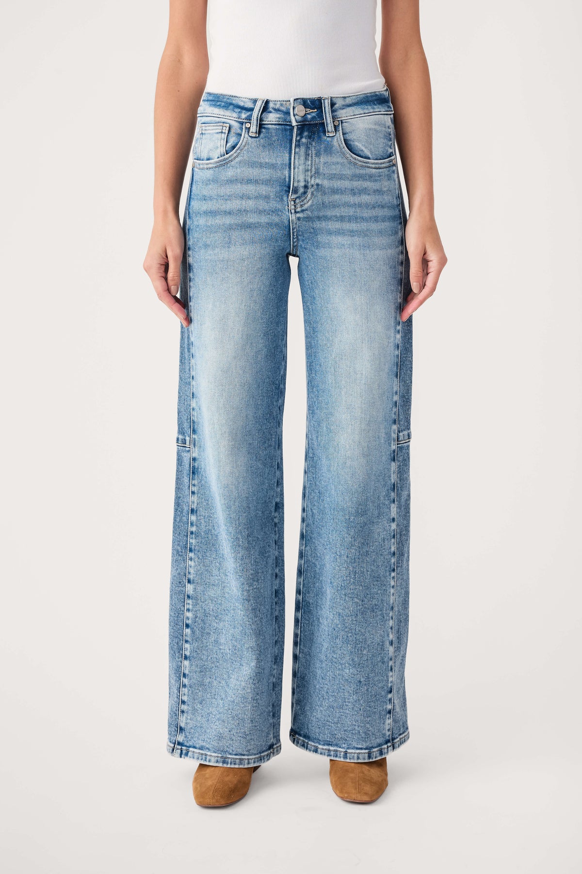 High-rise medium-wash wide-leg jeans with button closure and front pockets