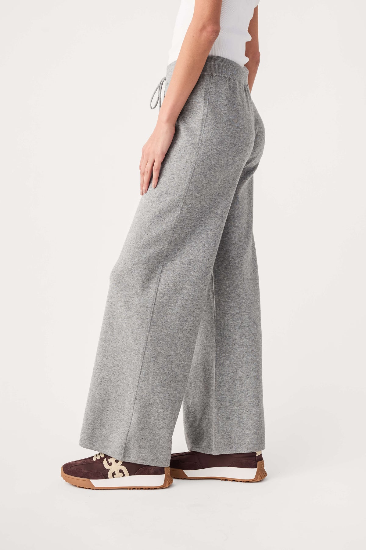 Women's heather gray wide-leg pants with drawstring waist, relaxed straight legs