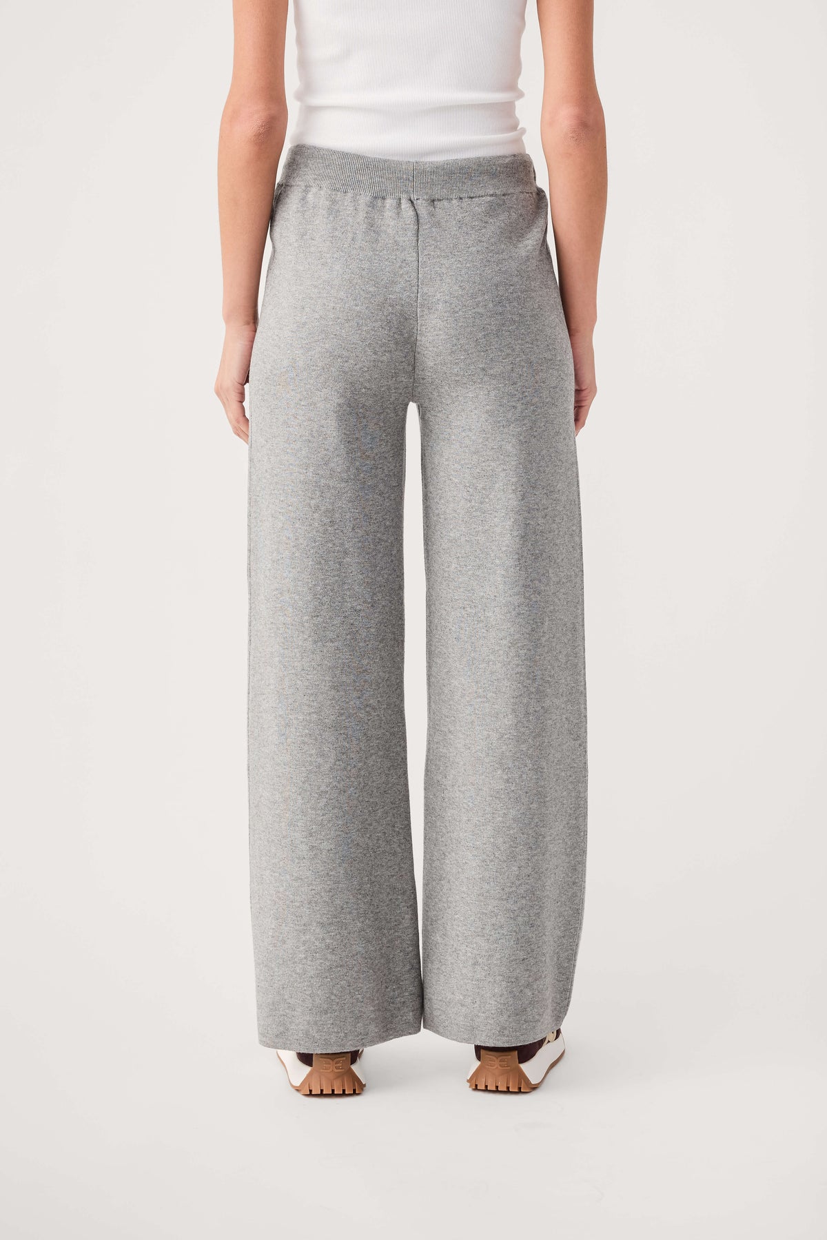 Women's heather gray wide-leg pants with drawstring waist and full-length relaxed fit