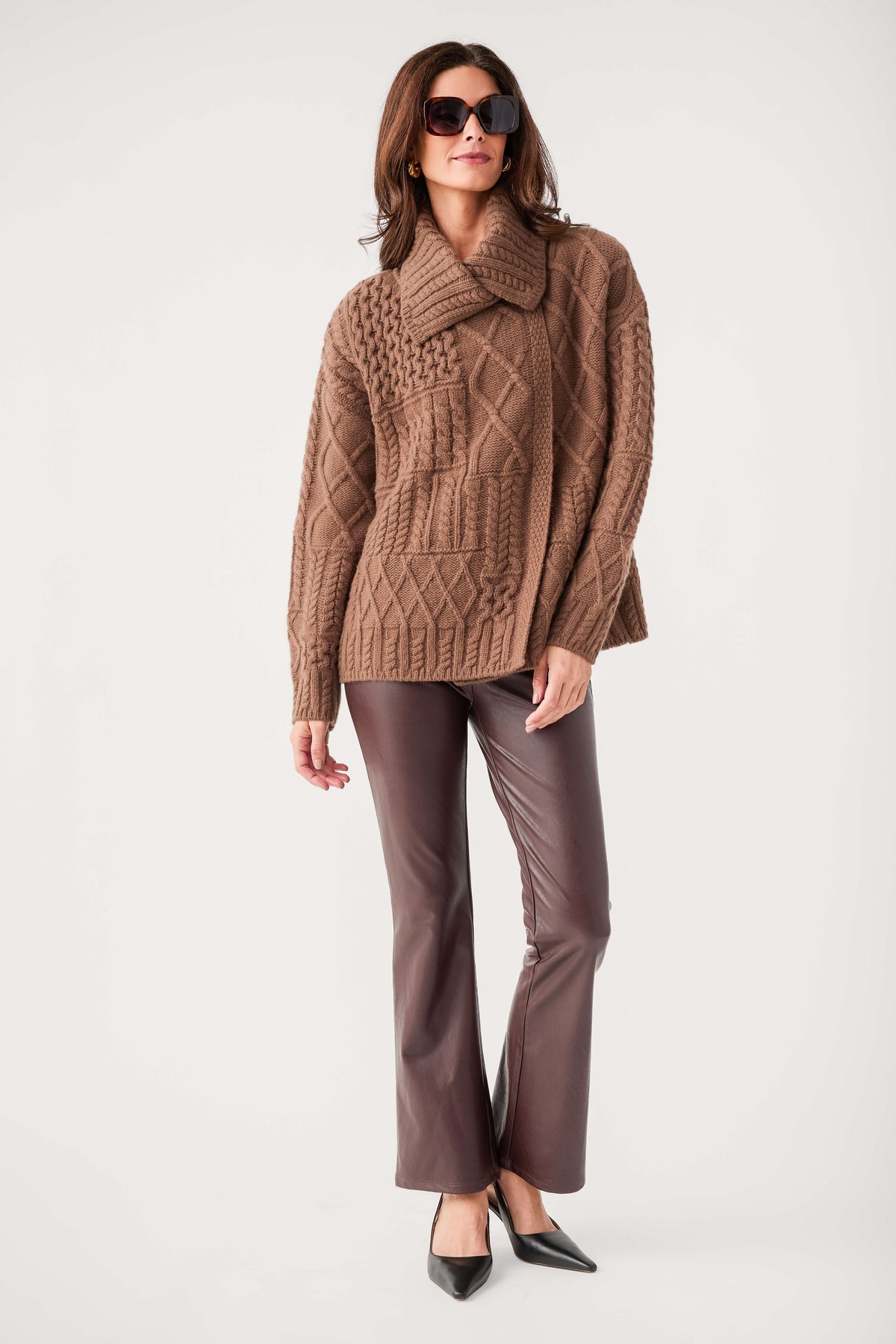 Dark taupe-brown faux leather flare pants with ankle-length wide cuffs
