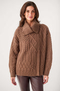 Brown cable-knit wrap cardigan with textured diamond cable pattern and shawl collar