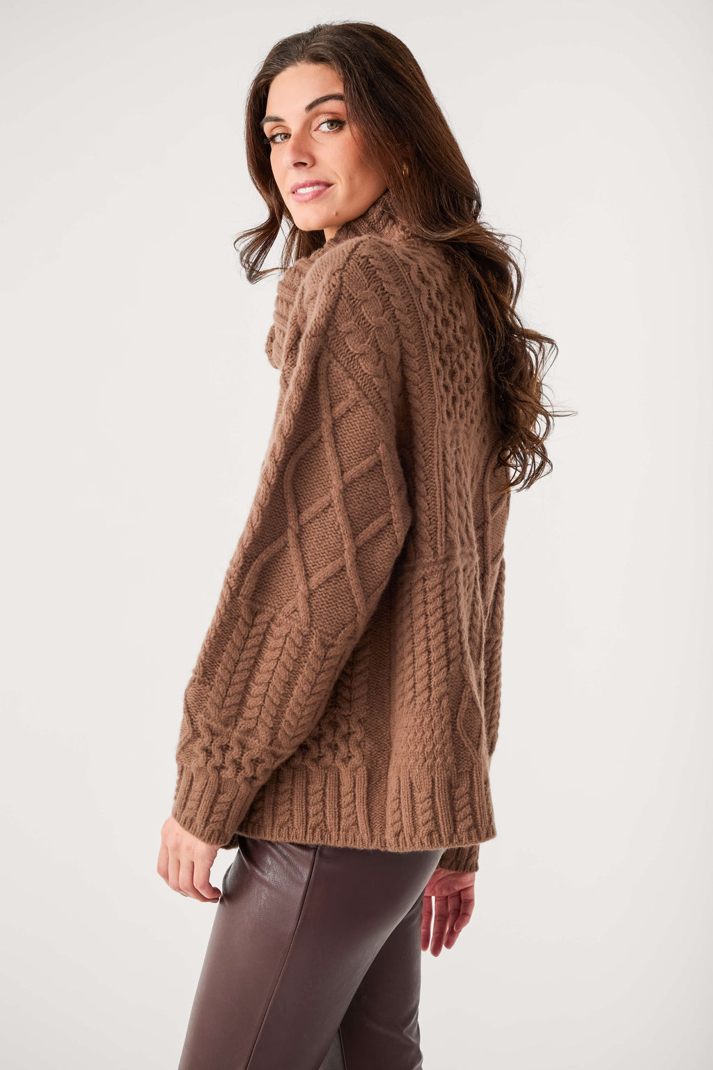Brown cable-knit wrap cardigan, side view with long sleeves and shawl collar