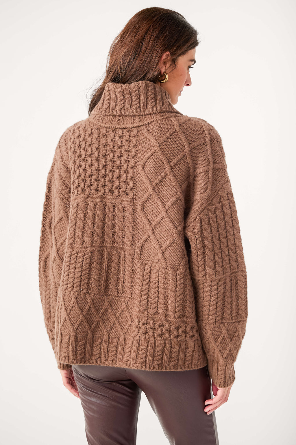 Brown cable-knit wrap cardigan, back view with diamond cable knit pattern