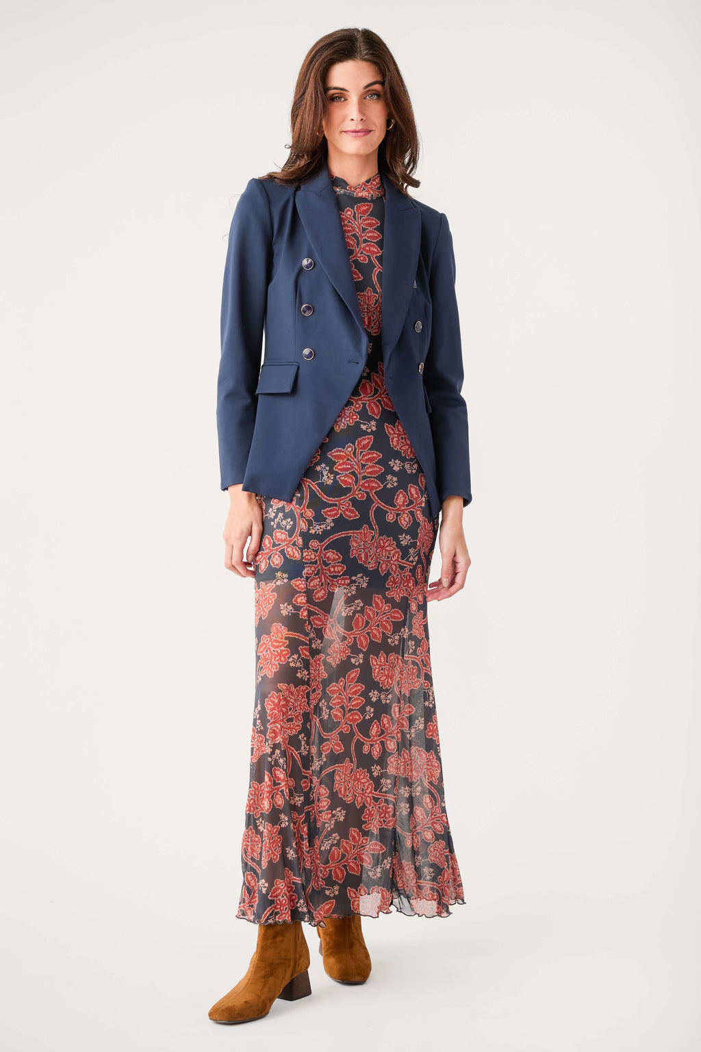 Navy double-breasted blazer with peaked lapels and front buttons