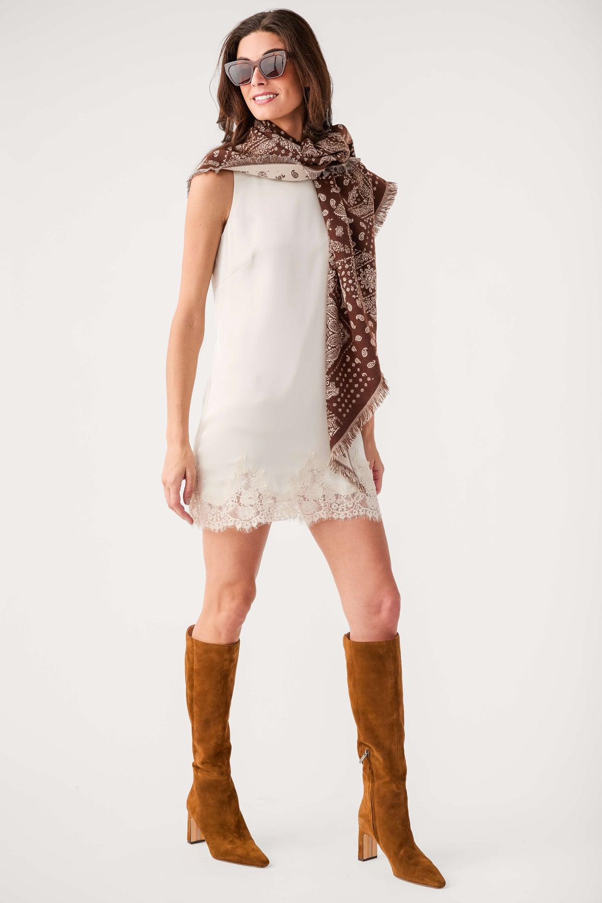 Frosted pearl sleeveless mini dress with scalloped lace hem trim