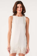 Frosted pearl sleeveless mini dress with lace-trim hem and straight neckline