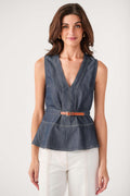 Denim belted sleeveless top with V-neck, stitched yoke and peplum hem