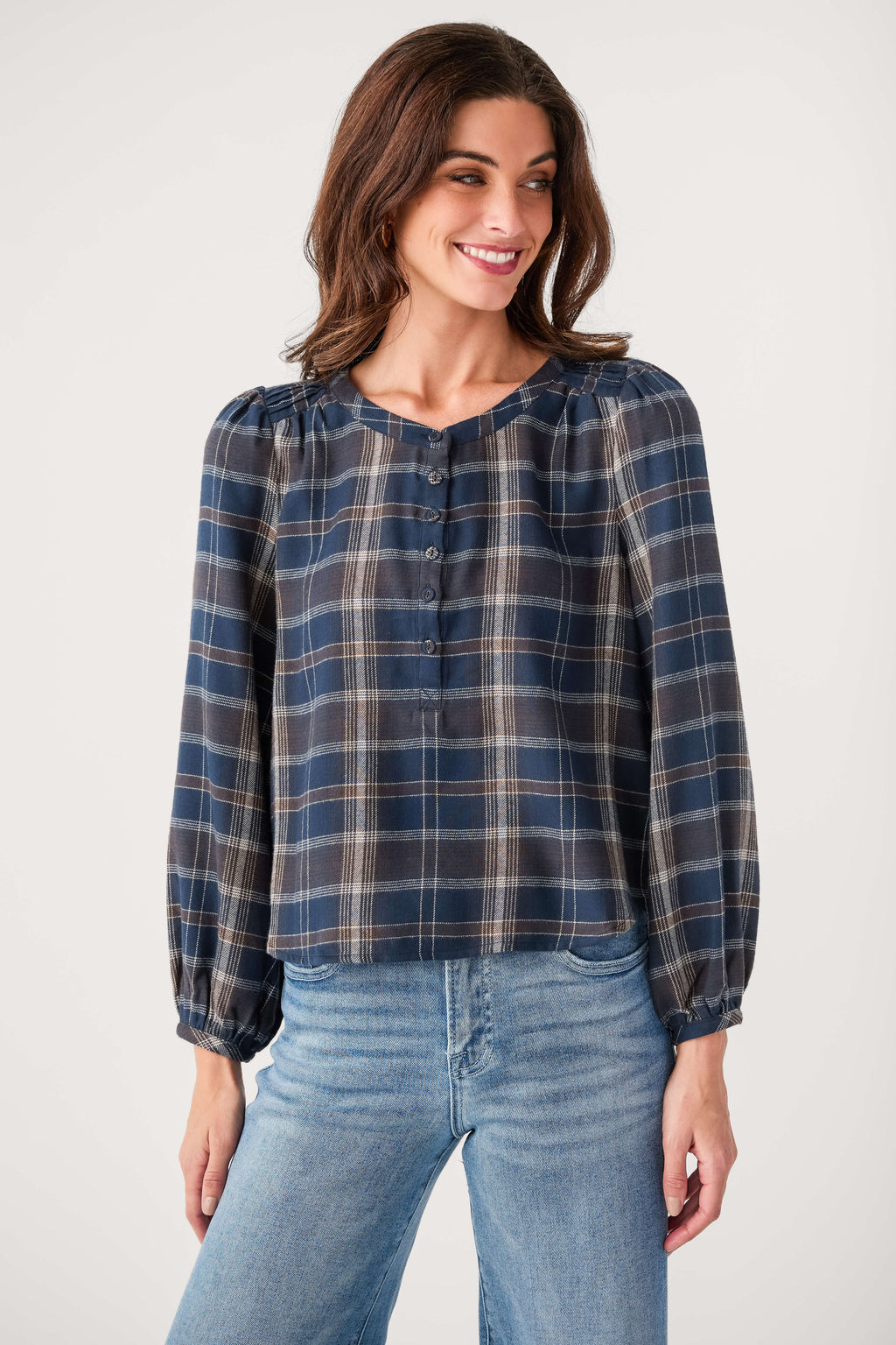 Z Supply plaid button-up shirt with button placket and gathered balloon sleeves