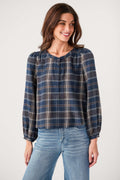 Z Supply plaid button-up shirt with button placket and gathered balloon sleeves