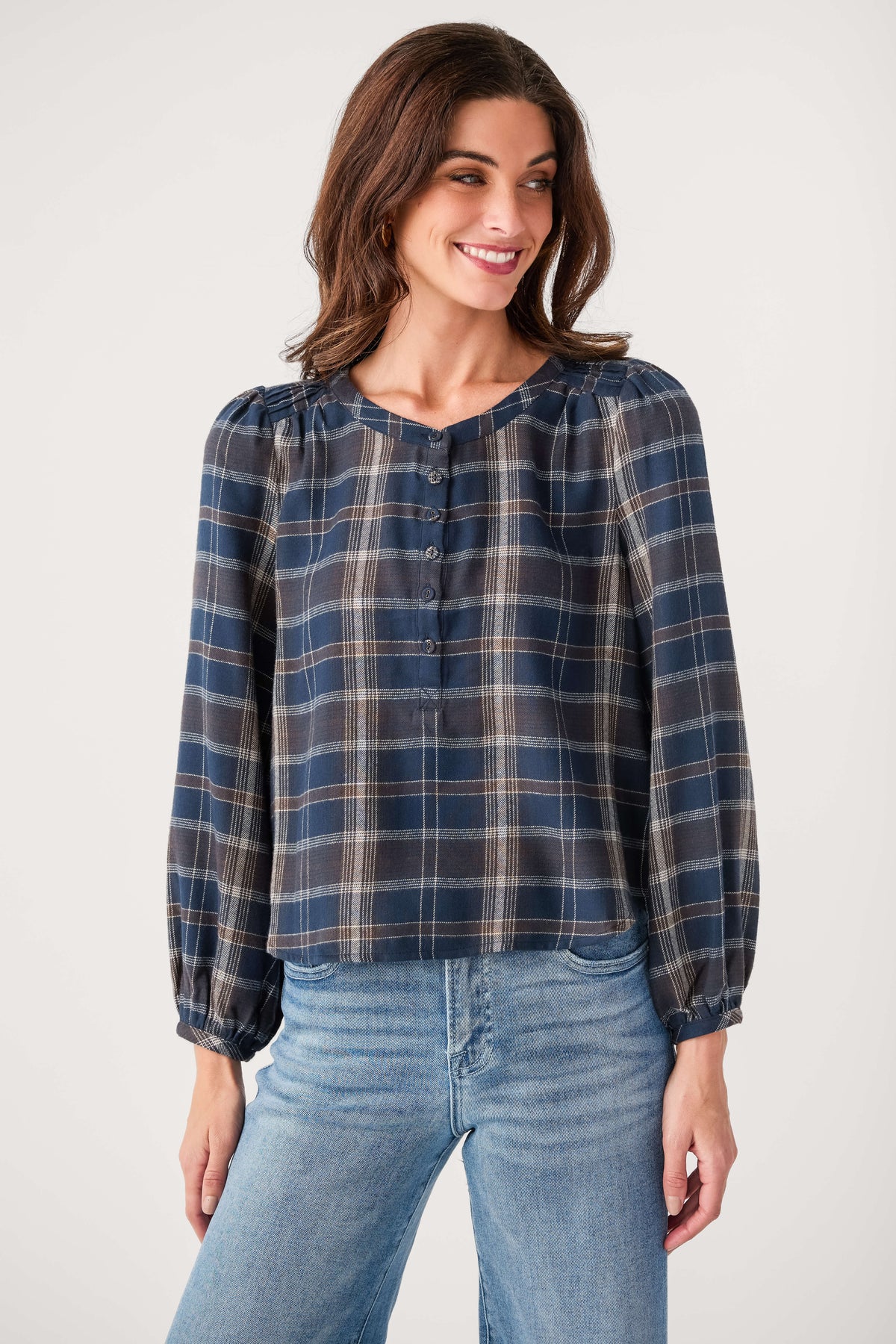 Z Supply plaid button-up shirt with button placket and gathered balloon sleeves