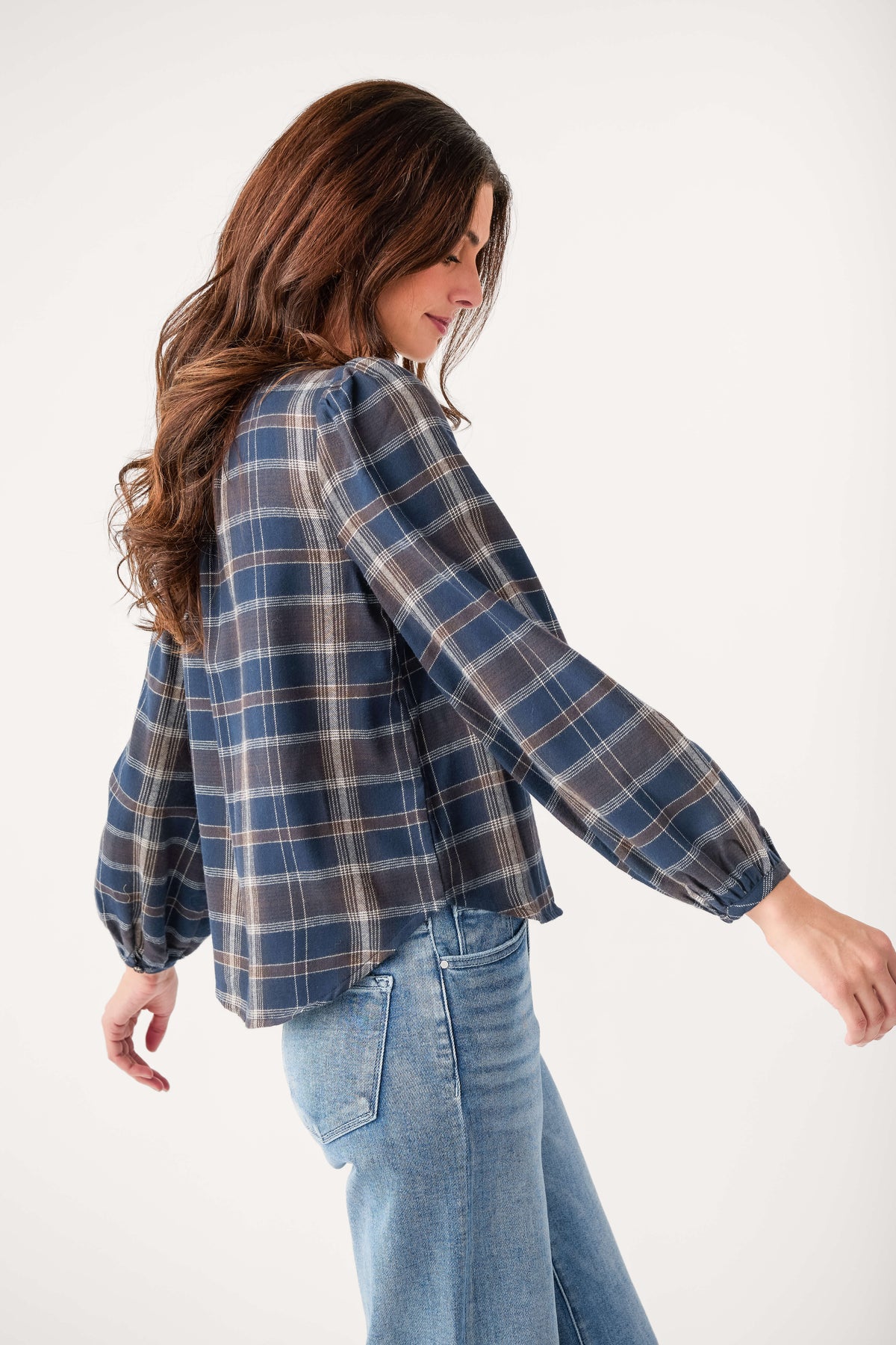 Z Supply plaid button-up shirt with long puff sleeves and button front
