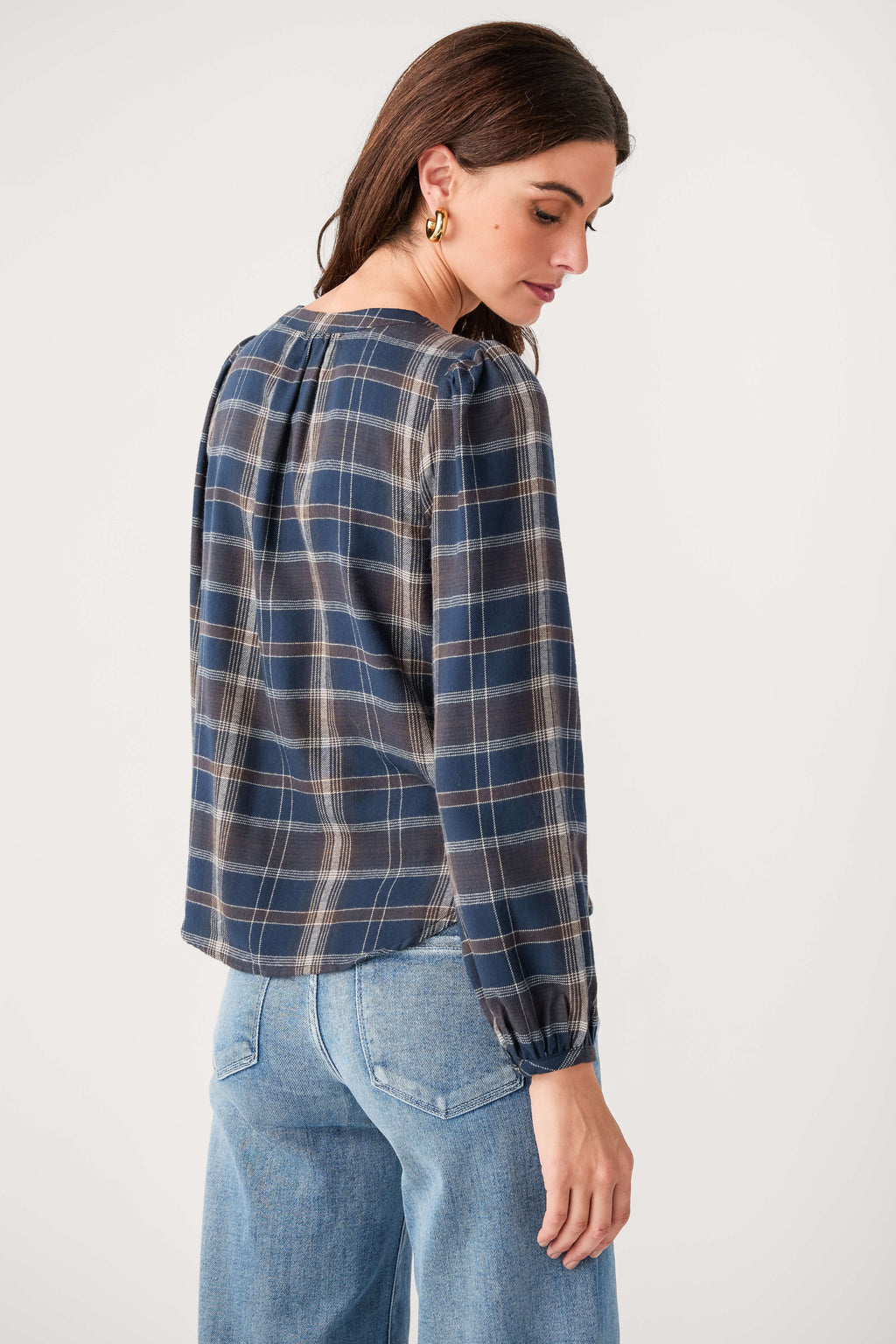 Z Supply plaid button-up shirt, back view, long balloon sleeves