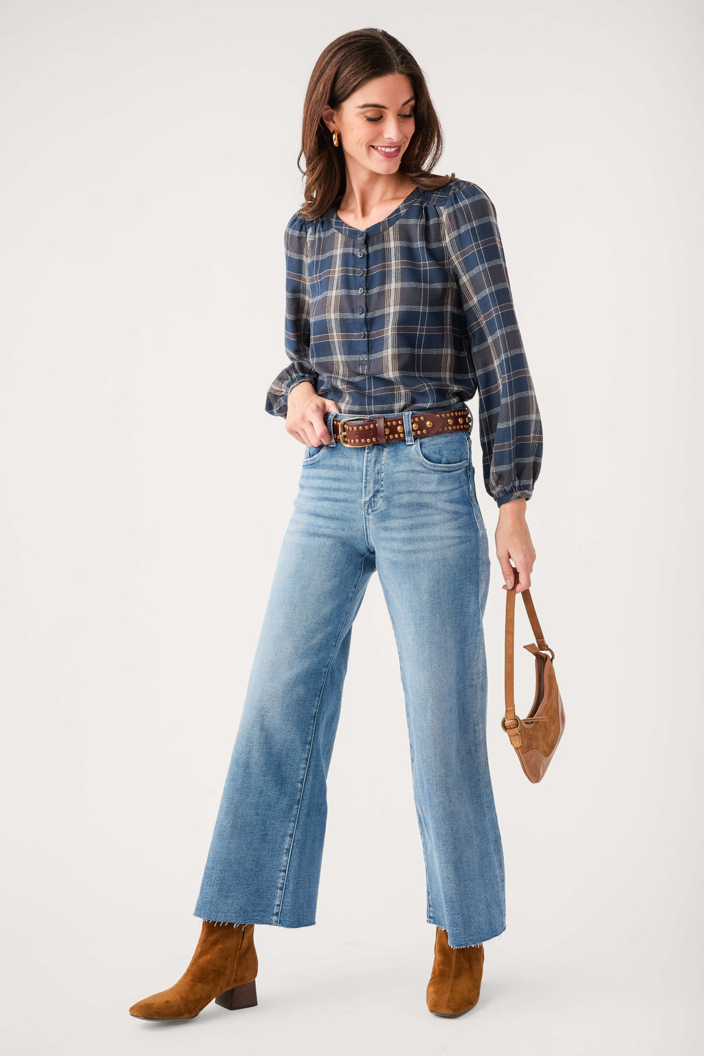 Z Supply plaid button-up shirt in blue and tan, long sleeves, button front