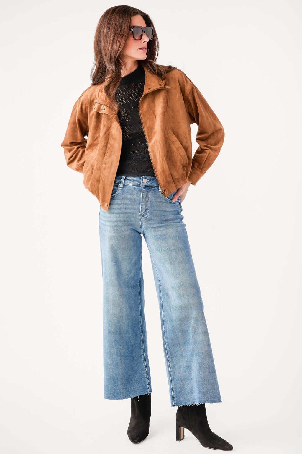 Saddle suede bubble-hem jacket with collar, button front, and long sleeves