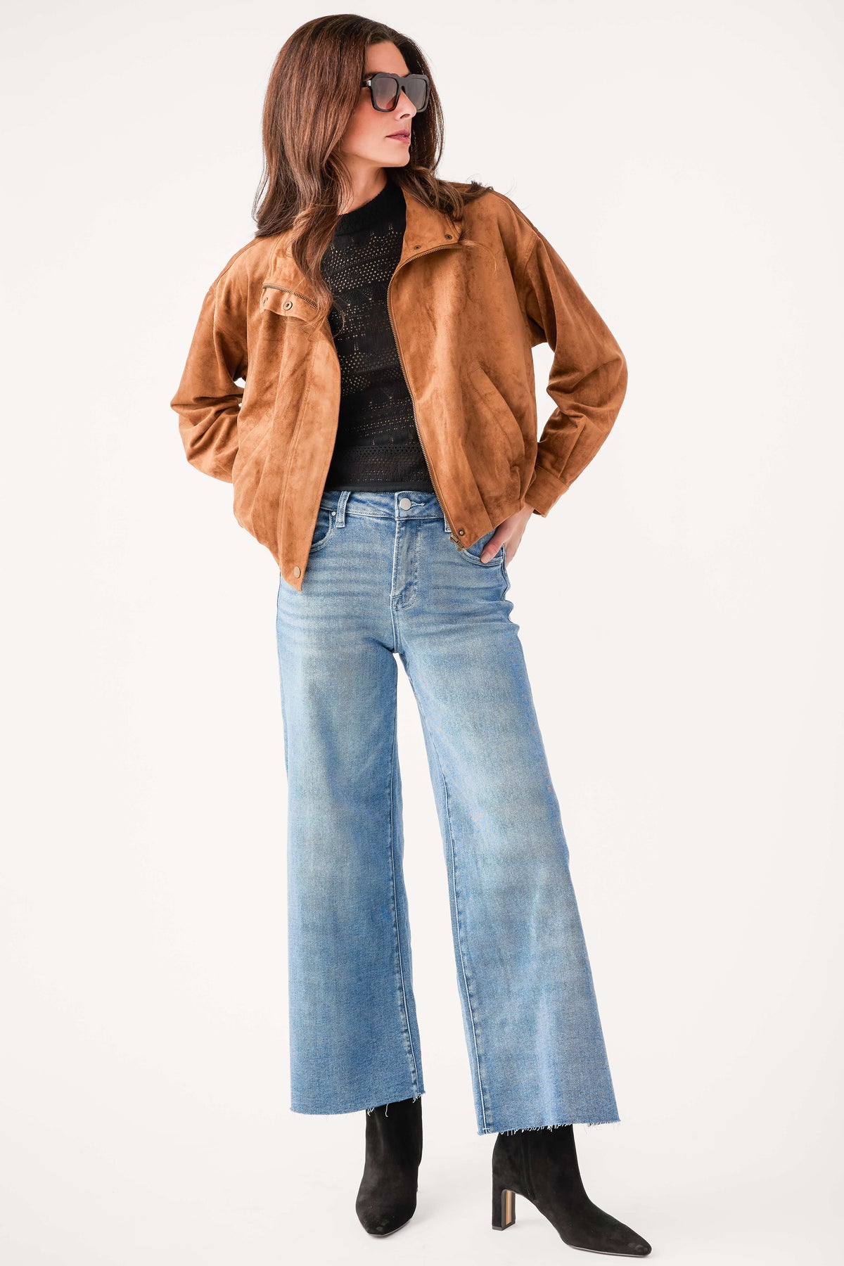 Saddle suede bubble-hem jacket with collar, button front, and long sleeves