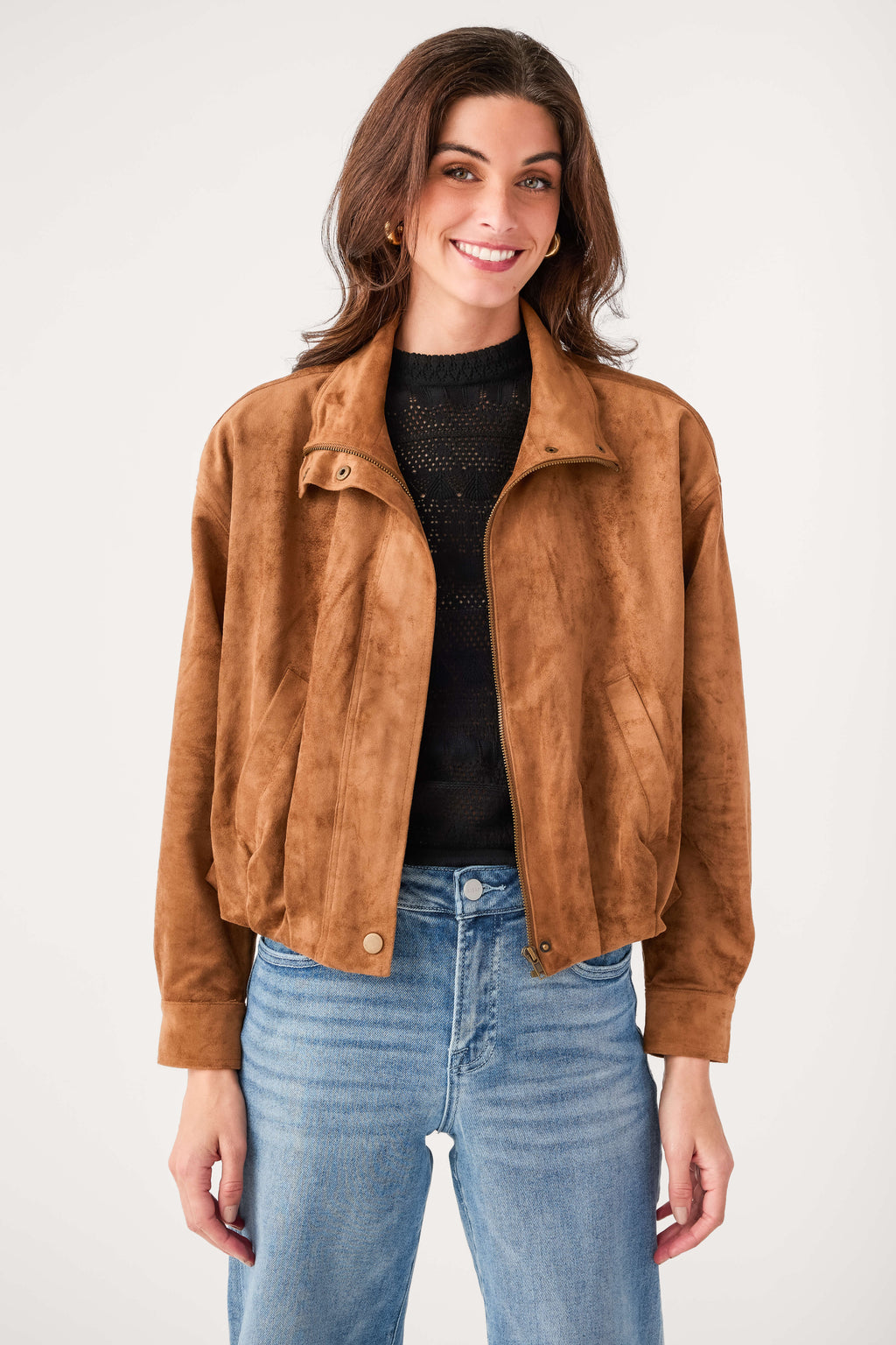 Saddle suede bubble-hem jacket with collar and button front, front view